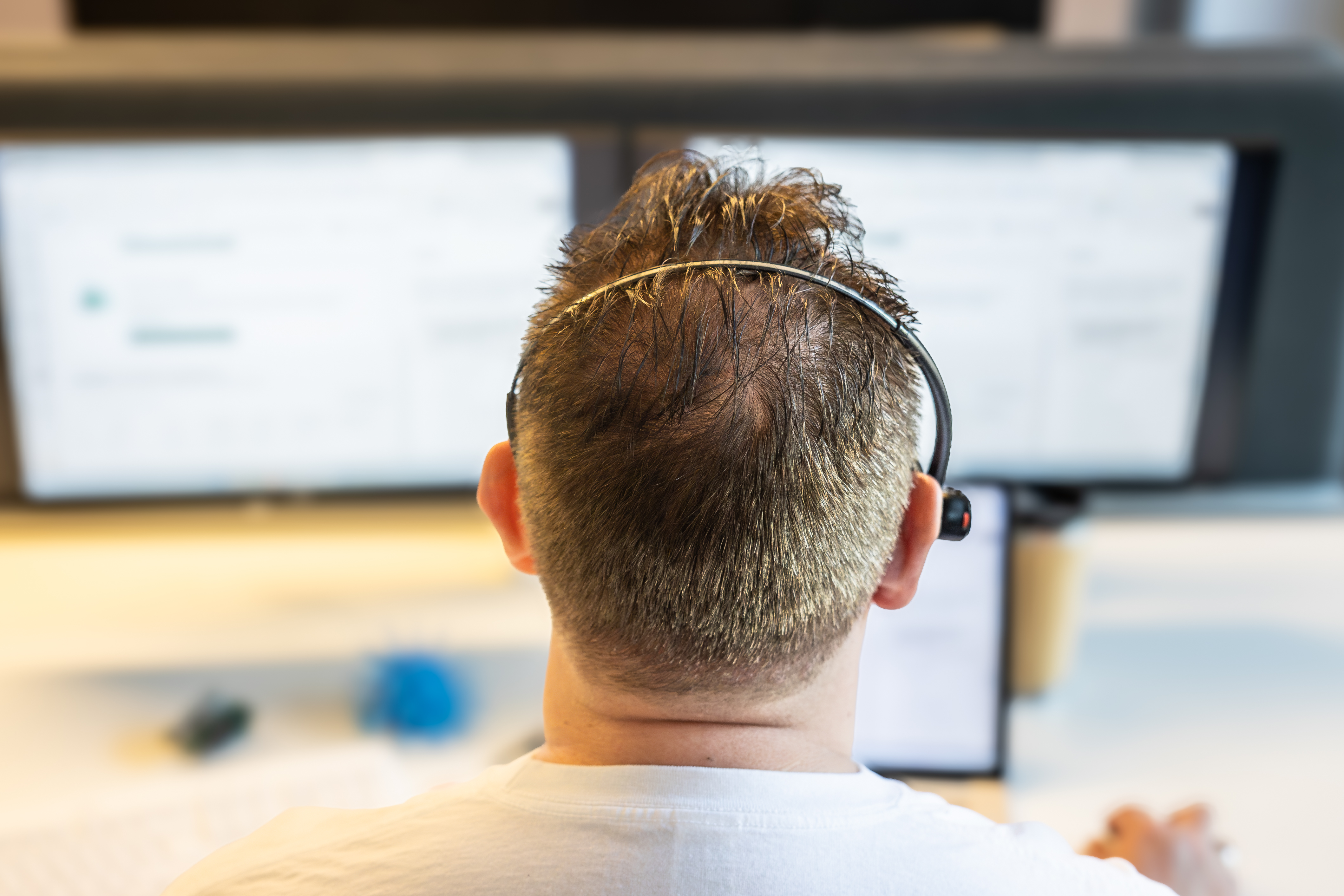 Mann sitzt mit dem Rücken zum Zuschauer gerichtet am Computer.